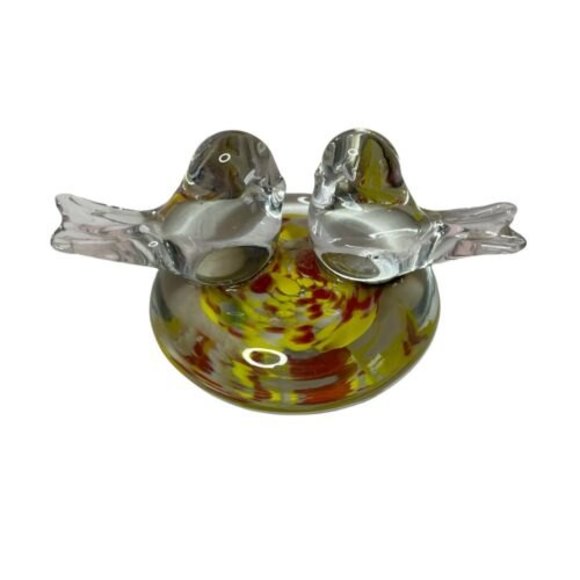 Double Blue Bird of Happiness Glass Clear Yellow Red Swirl  Paperweight - Picture 3 of 7